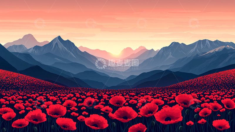 高清大图下载【趣麦麦图】红色罂粟花山脉日出