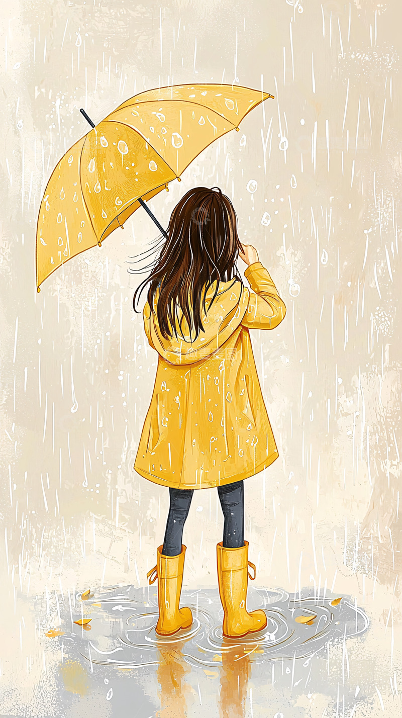 高清大图下载【趣麦麦图】雨中女孩黄雨衣