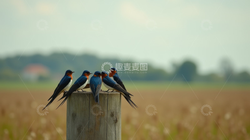 高清大图下载【趣麦麦图】田野木桩上群聚的燕子