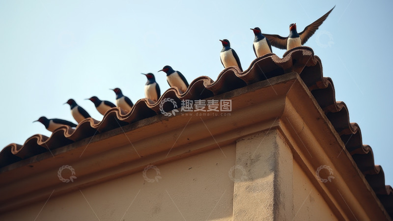 高清大图下载【趣麦麦图】屋顶瓦片上群栖的燕子
