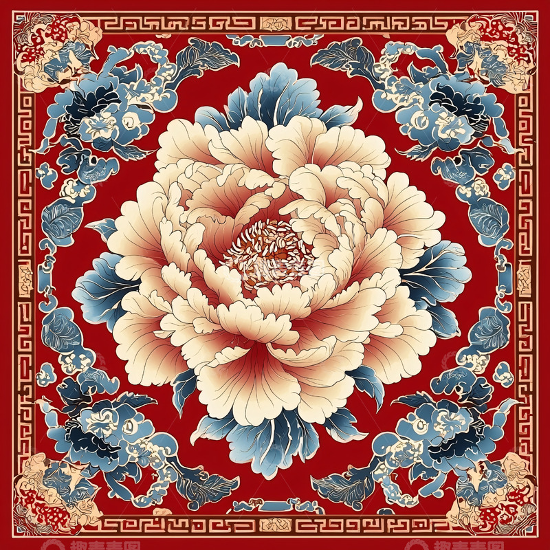 高清大图下载【趣麦麦图】红色背景上的米色牡丹花