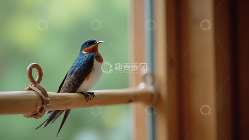 高清大图下载【趣麦麦图】窗边木杆上停歇的燕子