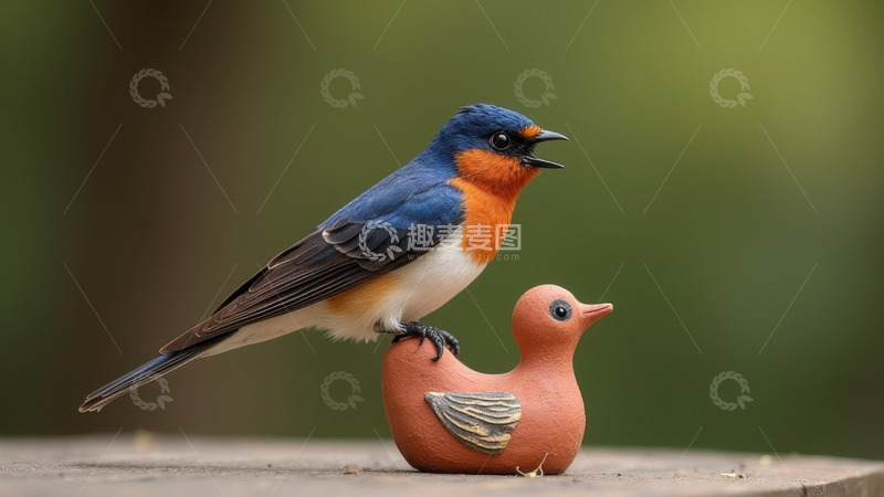 高清大图下载【趣麦麦图】陶鸭摆件上鸣叫的燕子