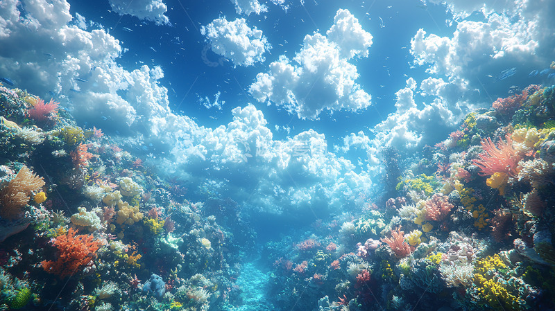 高清大图下载【趣麦麦图】阳光透过海水照射珊瑚礁