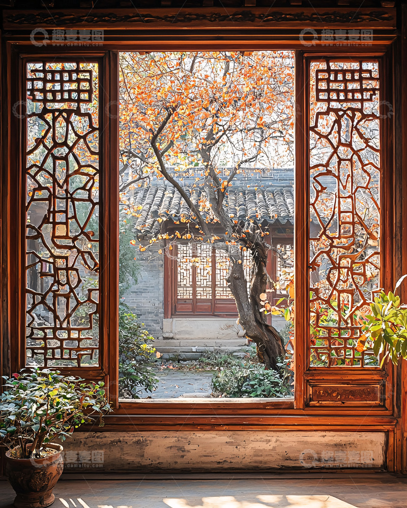 高清大图下载【趣麦麦图】中式窗棂外的庭院秋色