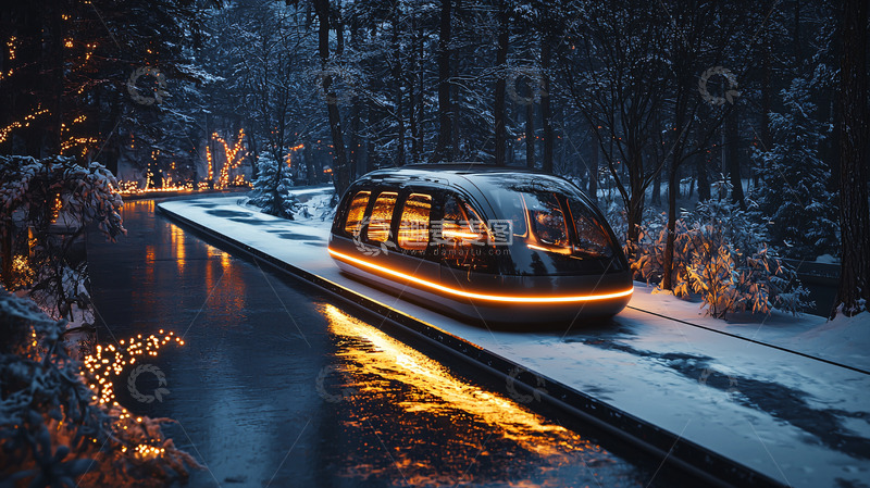 高清大图下载【趣麦麦图】雪夜森林磁悬浮列车