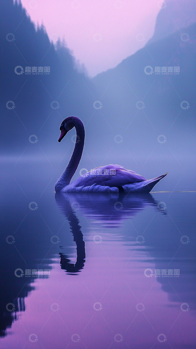 高清大图下载【趣麦麦图】雾气朦胧湖面上的白天鹅