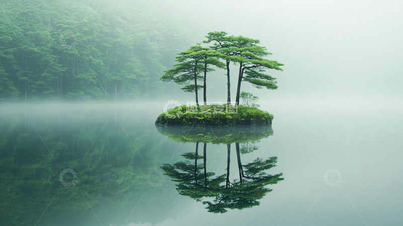 高清大图下载【趣麦麦图】雾气朦胧湖中小岛
