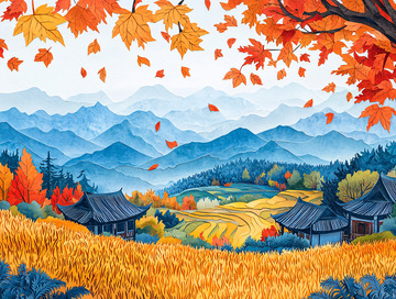 秋日山水田园风光