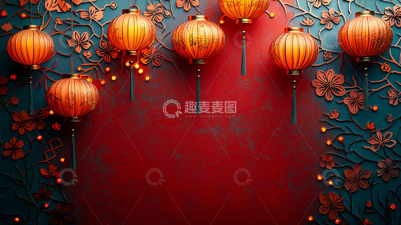 高清大图下载【趣麦麦图】中式灯笼花卉背景