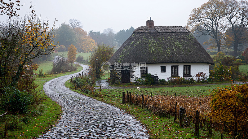 高清大图下载【趣麦麦图】茅草屋前的弯曲小路