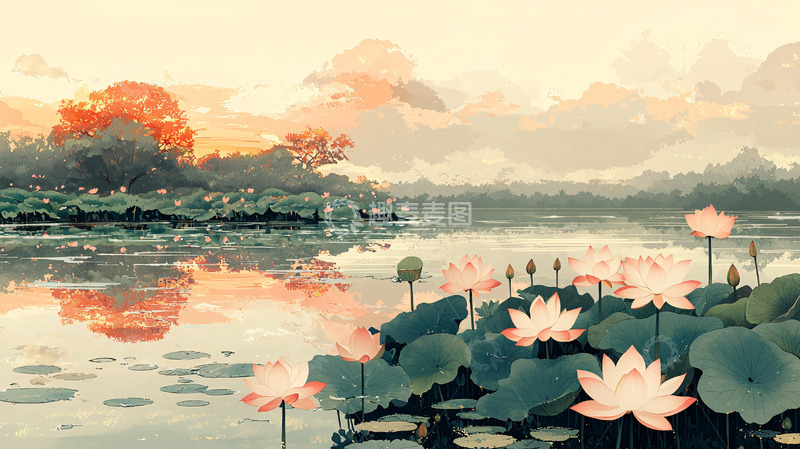 高清大图下载【趣麦麦图】日落荷花湖景图