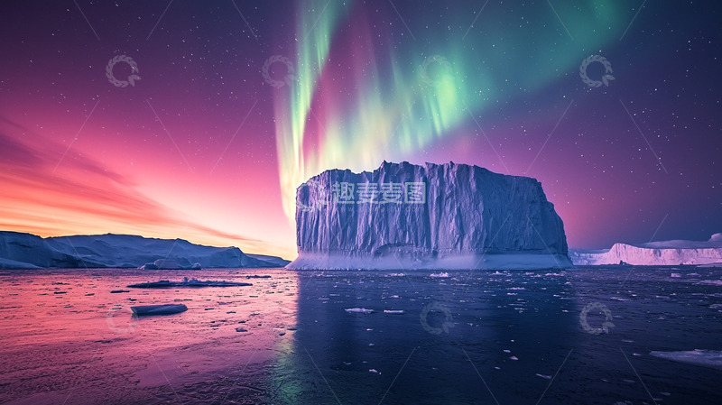 高清大图下载【趣麦麦图】极光下的冰山