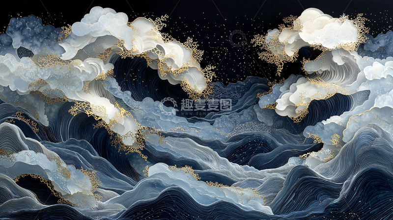 高清大图下载【趣麦麦图】深蓝水墨风海浪翻涌