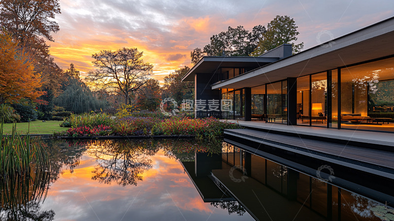 高清大图下载【趣麦麦图】日落别墅湖景