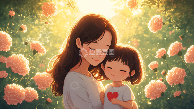 高清大图下载【趣麦麦图】母亲节妈妈和女儿卡通手绘插画素材1
