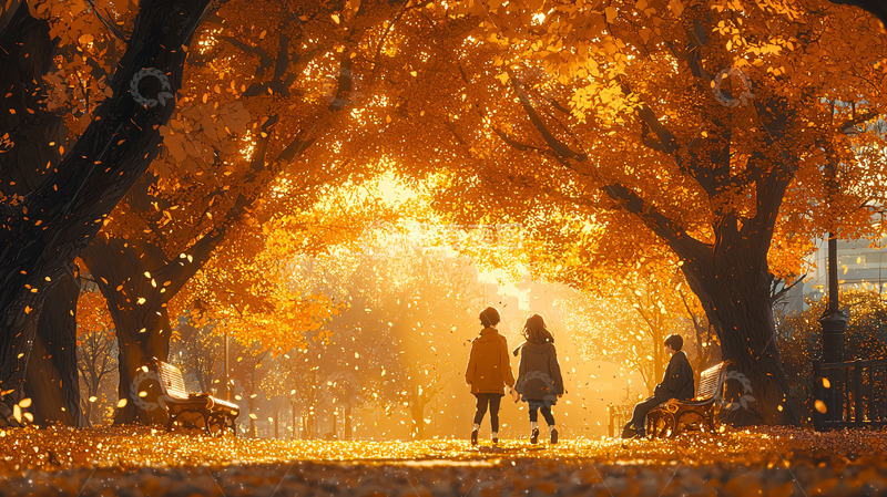 高清大图下载【趣麦麦图】秋日情侣漫步落叶