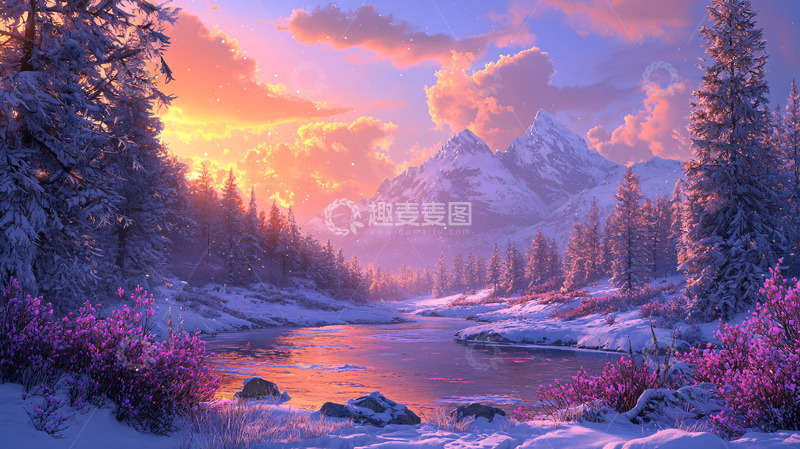 高清大图下载【趣麦麦图】冬日雪山日落美景