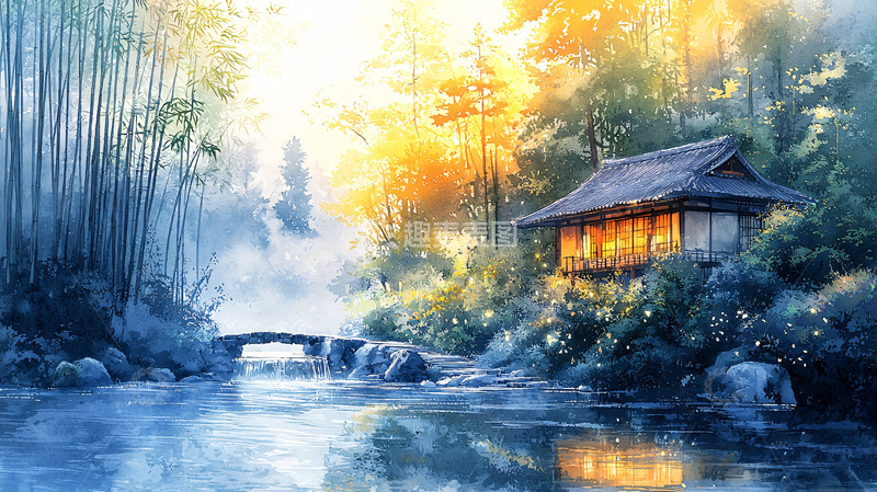 高清大图下载【趣麦麦图】竹林小屋风景如画