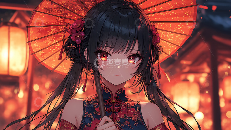 高清大图下载【趣麦麦图】国潮风女生红色卡通手绘插画背景