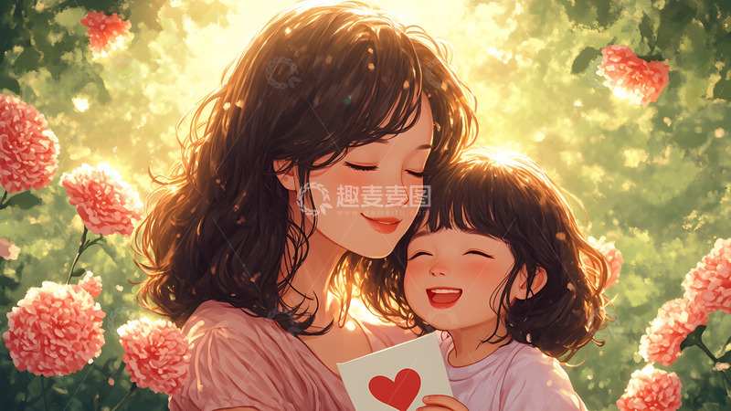 高清大图下载【趣麦麦图】母亲节妈妈和女儿卡通手绘插画素材