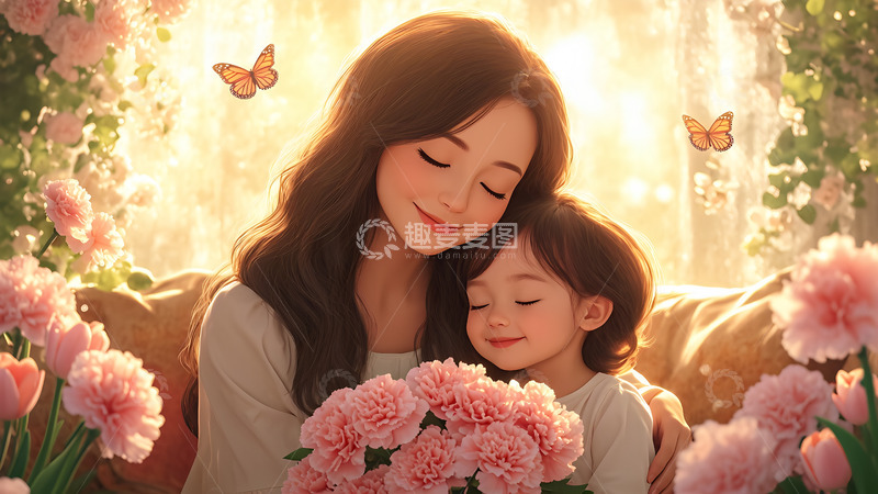 高清大图下载【趣麦麦图】母亲节妈妈和女儿卡通手绘插画素材2