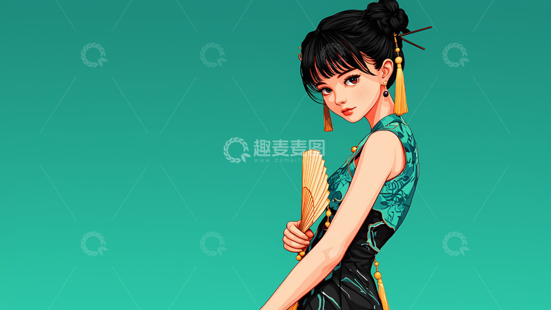 高清大图下载【趣麦麦图】国潮风女生绿色卡通手绘插画背景