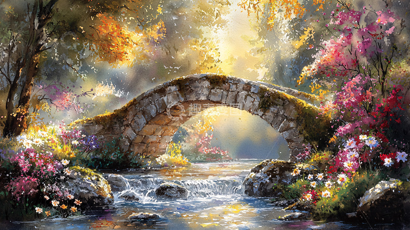 高清大图下载【趣麦麦图】森林小溪石桥