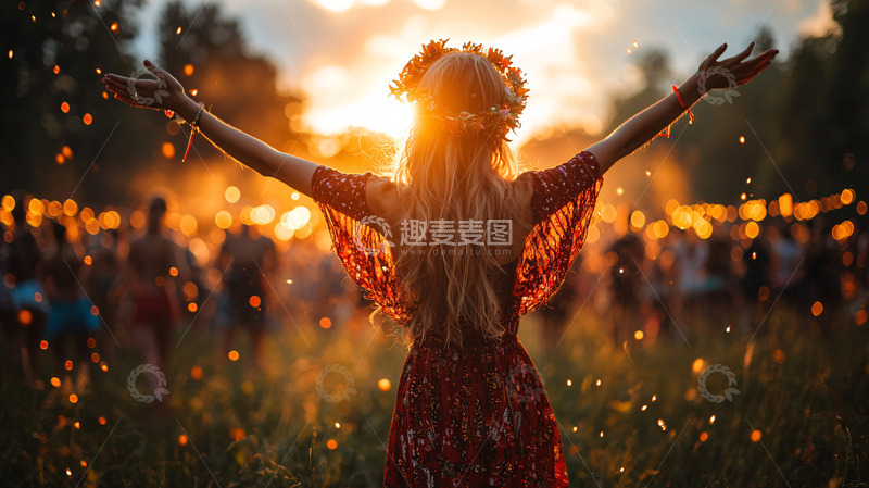 高清大图下载【趣麦麦图】夕阳下女孩张开双臂