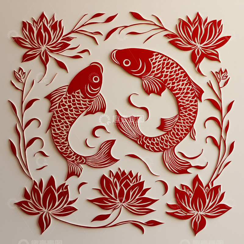 高清大图下载【趣麦麦图】红色剪纸双鱼图