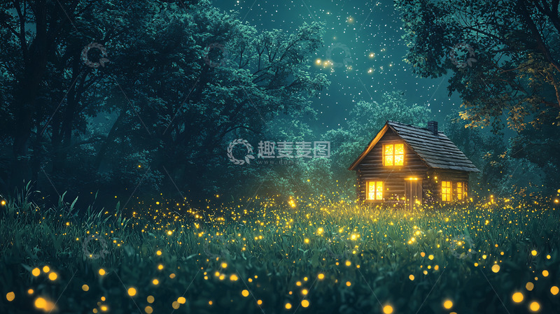 高清大图下载【趣麦麦图】萤火虫环绕的森林小屋