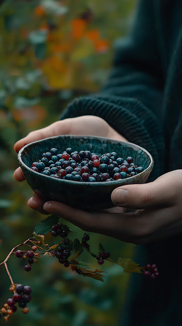双手捧着碗野生浆果