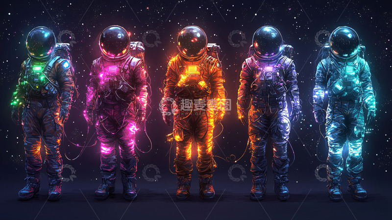 高清大图下载【趣麦麦图】五位宇航员发光太空服