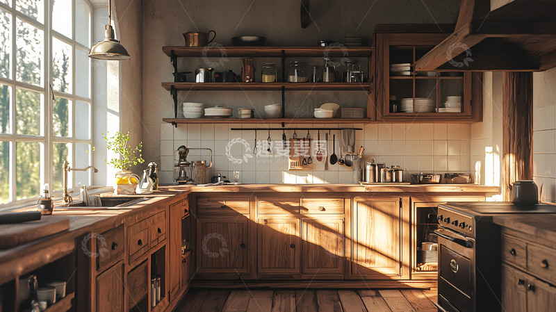 高清大图下载【趣麦麦图】阳光洒进原木厨房