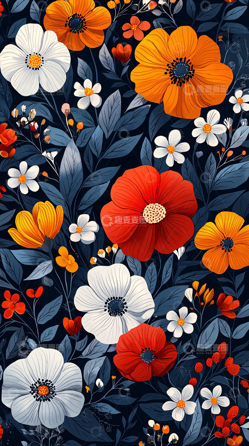 高清大图下载【趣麦麦图】暗色背景花卉图案