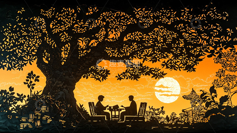 高清大图下载【趣麦麦图】树下两人对坐黄昏