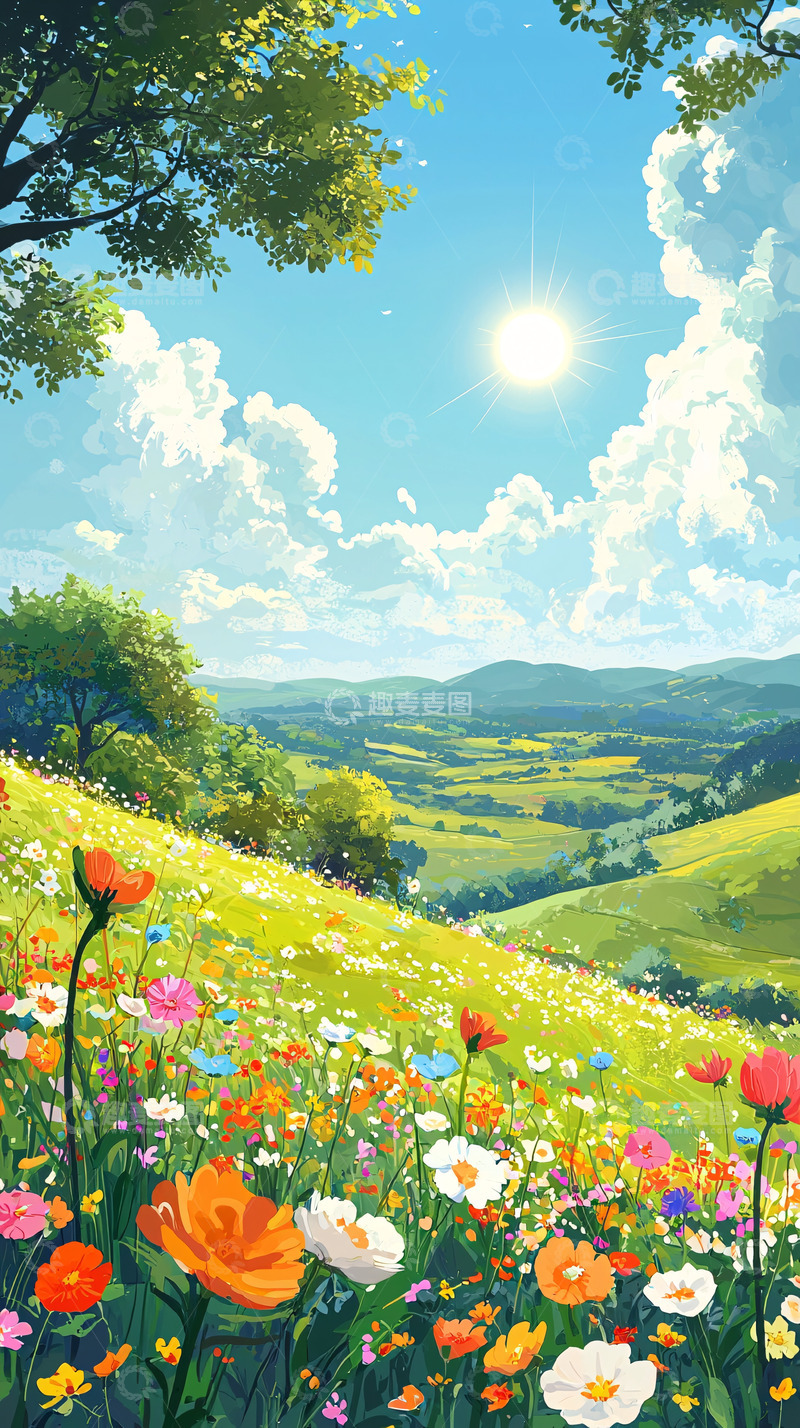高清大图下载【趣麦麦图】阳光明媚的山坡野花