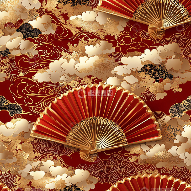高清大图下载【趣麦麦图】红色扇子祥云金边装饰图案