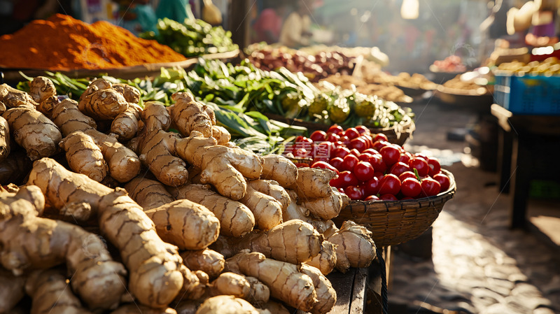 高清大图下载【趣麦麦图】阳光下的集市蔬菜生姜