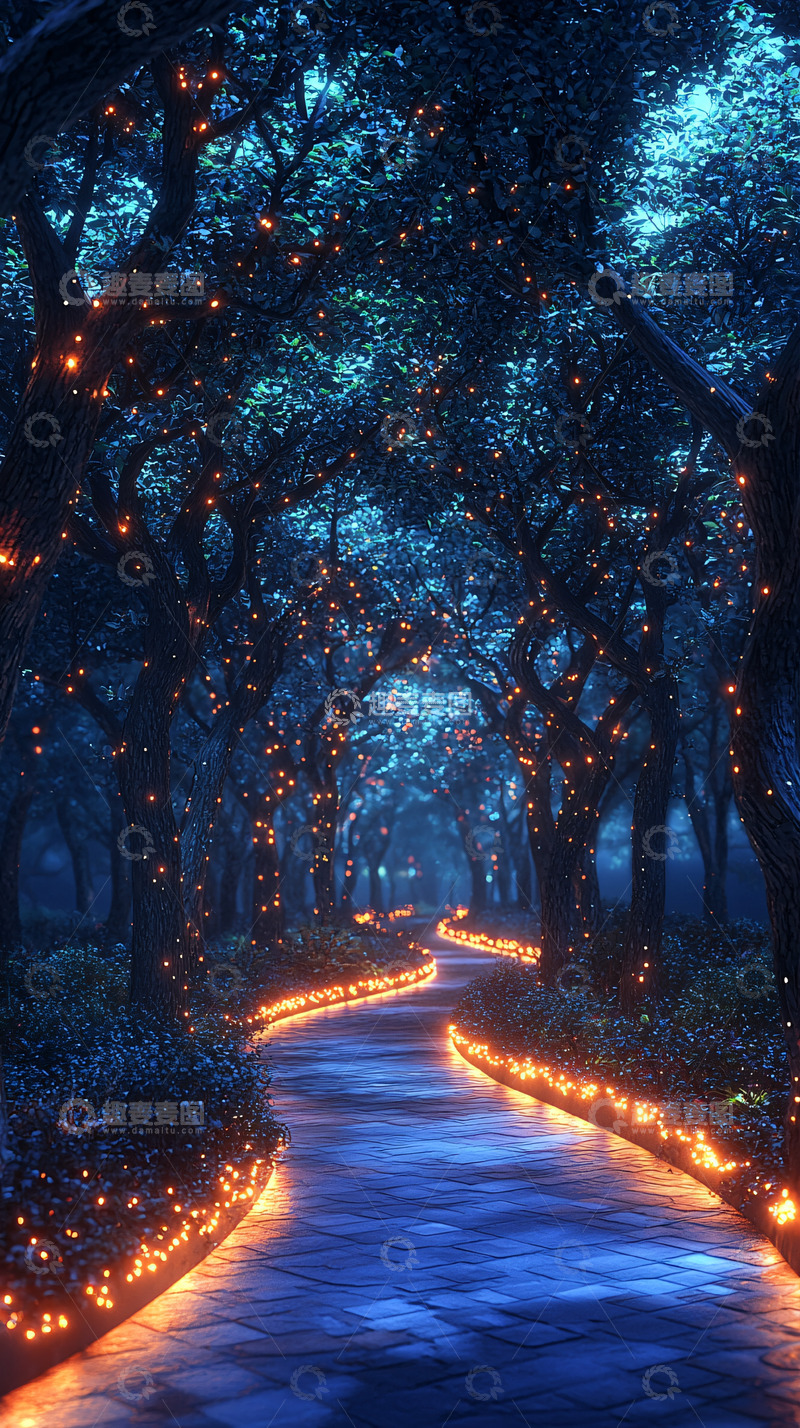 高清大图下载【趣麦麦图】夜晚森林小路灯光
