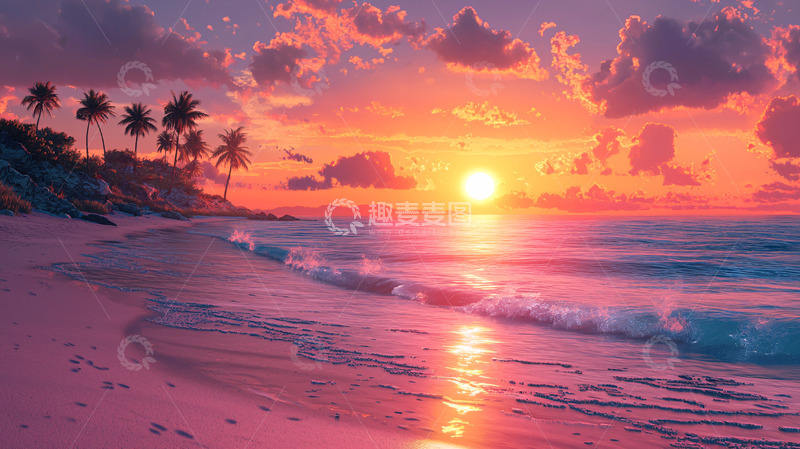 高清大图下载【趣麦麦图】粉色沙滩日落
