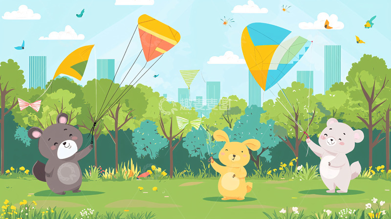 高清大图下载【趣麦麦图】卡通动物放风筝