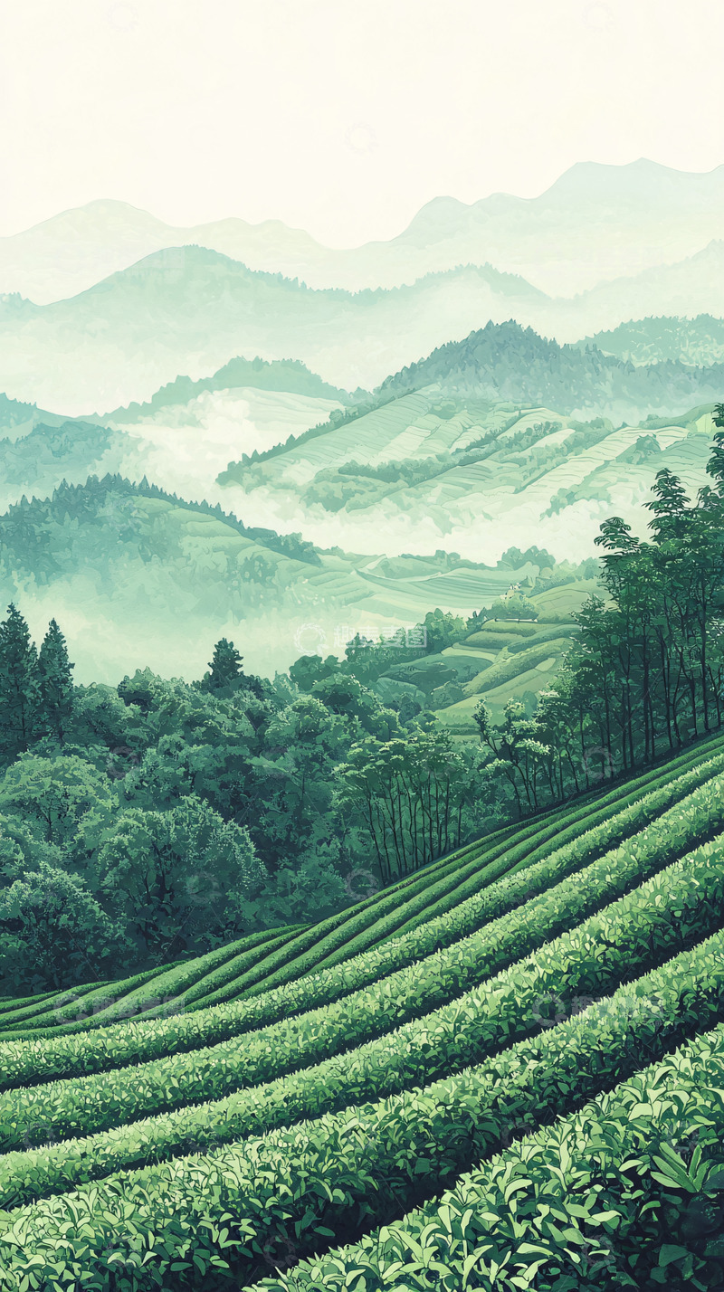 高清大图下载【趣麦麦图】雾气朦胧的绿色山峦茶田