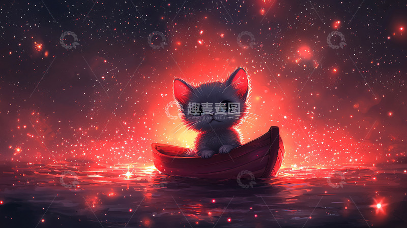 高清大图下载【趣麦麦图】小猫乘船星空漂流