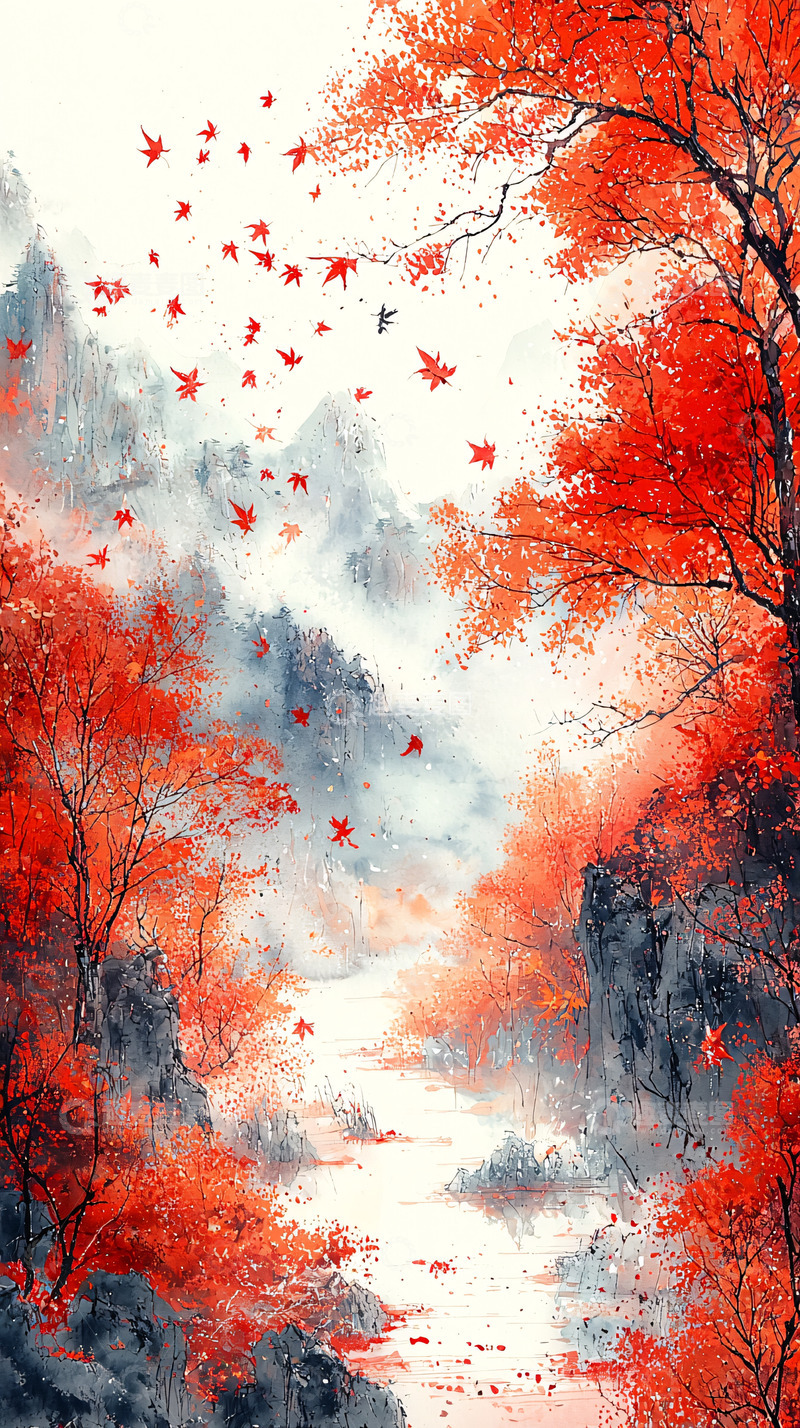 高清大图下载【趣麦麦图】红叶秋景水墨画