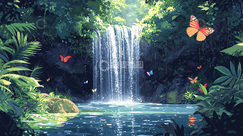 高清大图下载【趣麦麦图】热带雨林中的瀑布美景