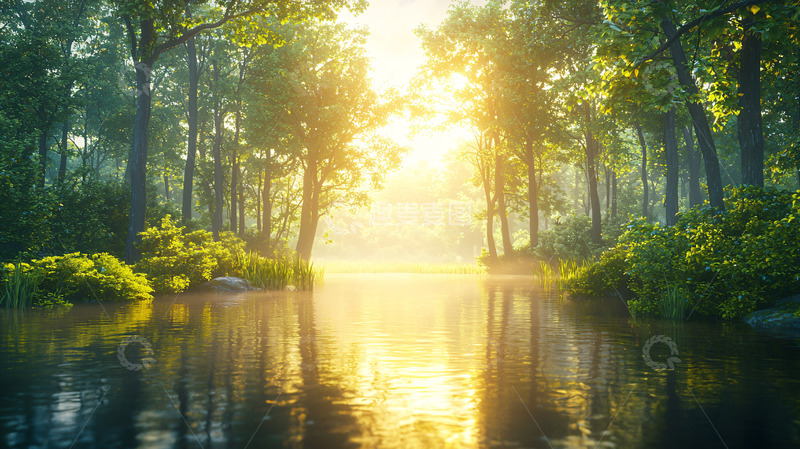 高清大图下载【趣麦麦图】森林河流阳光明媚