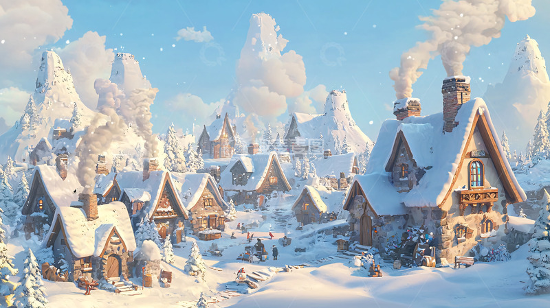 高清大图下载【趣麦麦图】雪景村庄