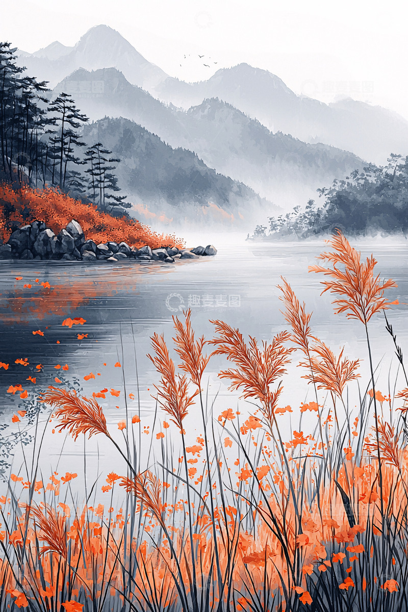 高清大图下载【趣麦麦图】山水水墨风芦苇荡