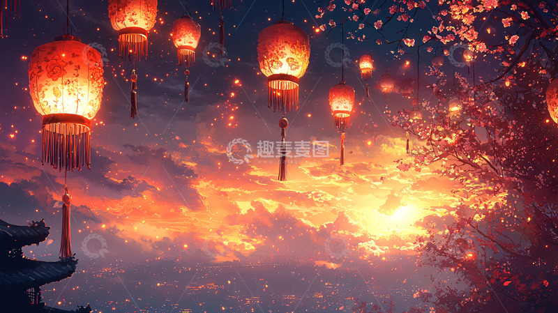 高清大图下载【趣麦麦图】夜空飞舞的红色灯笼